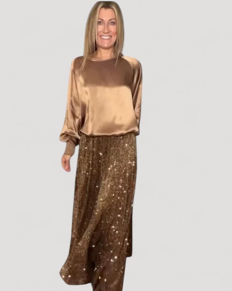 BOHEME - Kauluspaita ja maxi hame paljeteista