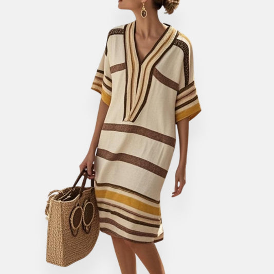 Florette | Rentouttava raidallinen mekko tunisialaisella kauluksella