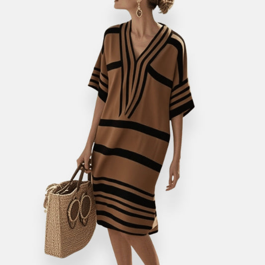 Florette | Rentouttava raidallinen mekko tunisialaisella kauluksella