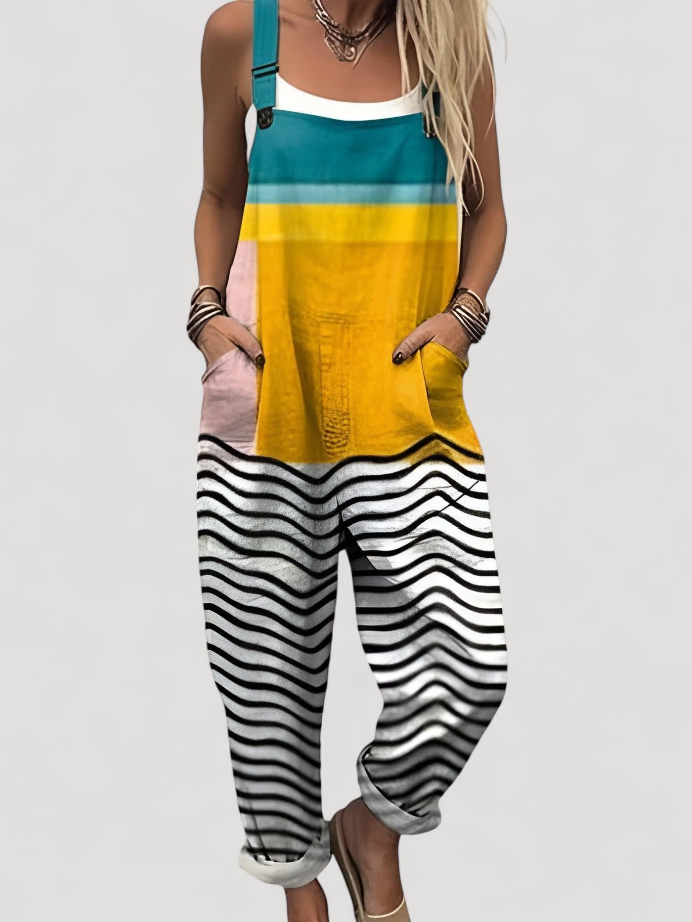 Aukje™ | Abstrakti, geometrinen taideteemainen haalari leveillä lahkeilla naisille