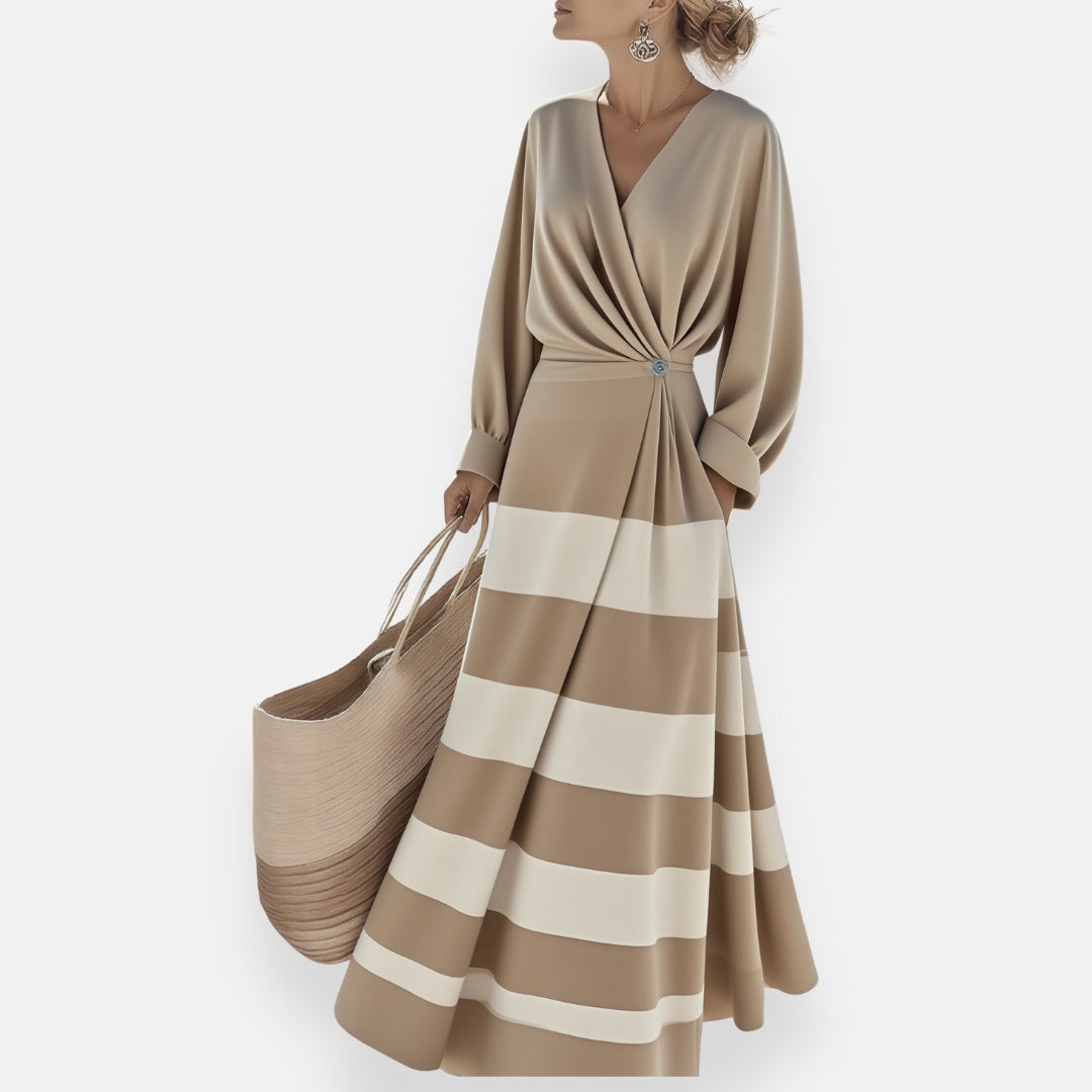 Caline | Ruffled Striped Dress with Draped Knot