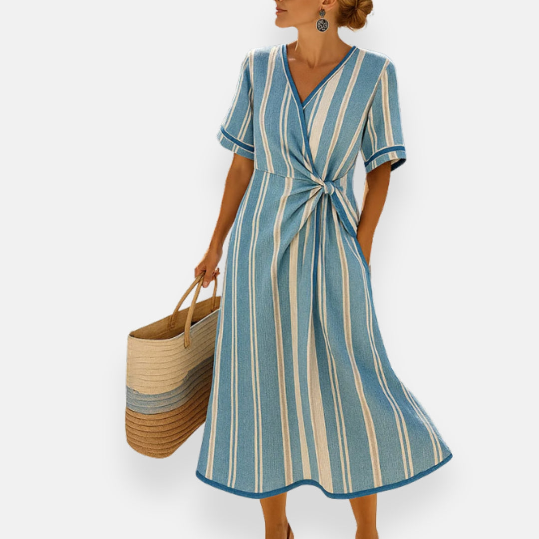 Brisia | Ruffled Striped Dress with Draped Knot
