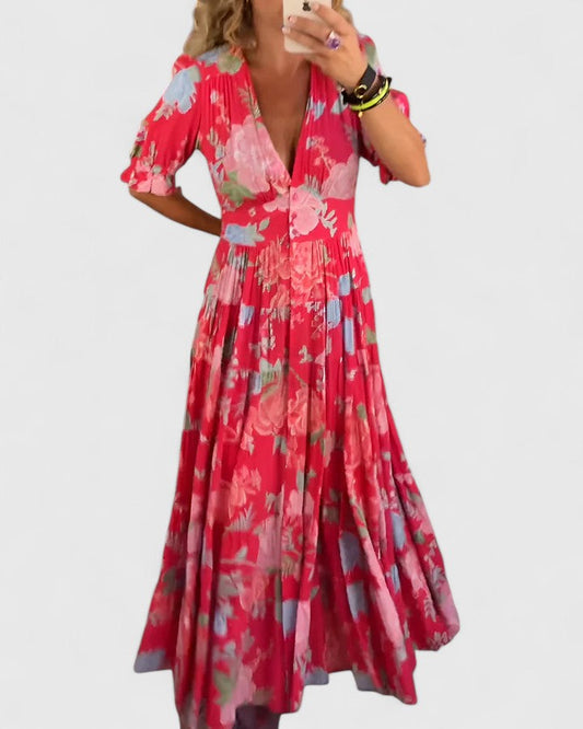 Minelda | Elegantti kukkakuosiset V-pääntie mekko