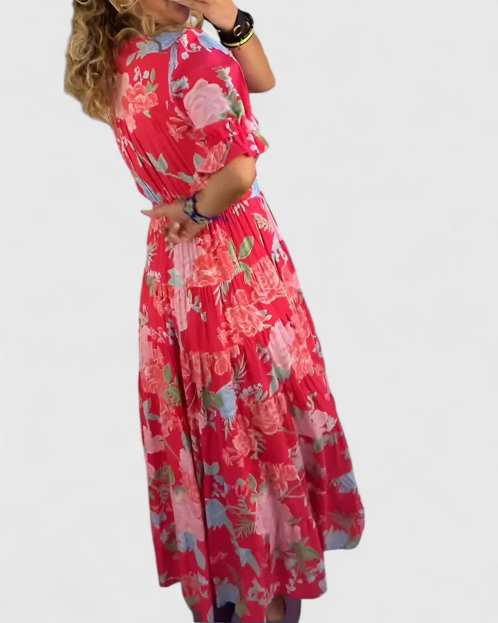 Minelda | Elegantti kukkakuosiset V-pääntie mekko
