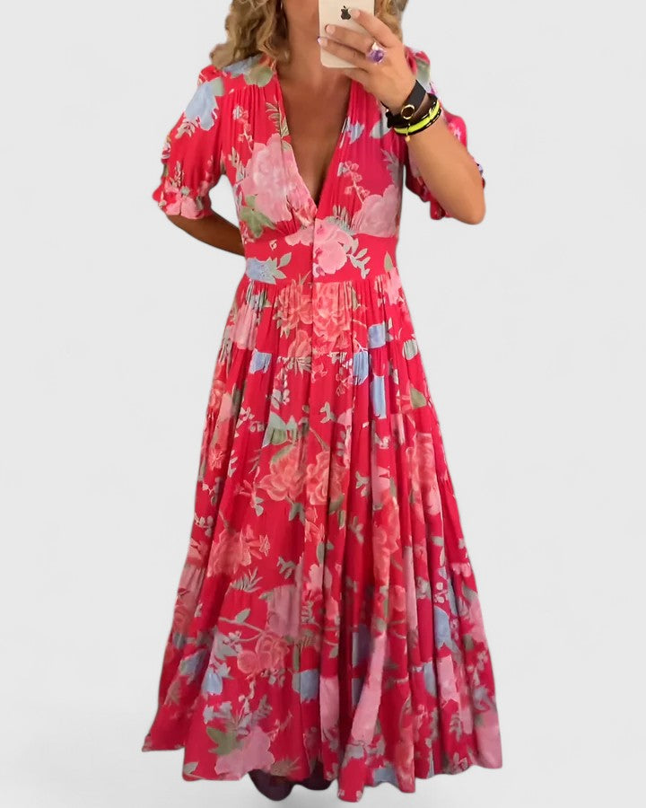Minelda | Elegantti kukkakuosiset V-pääntie mekko