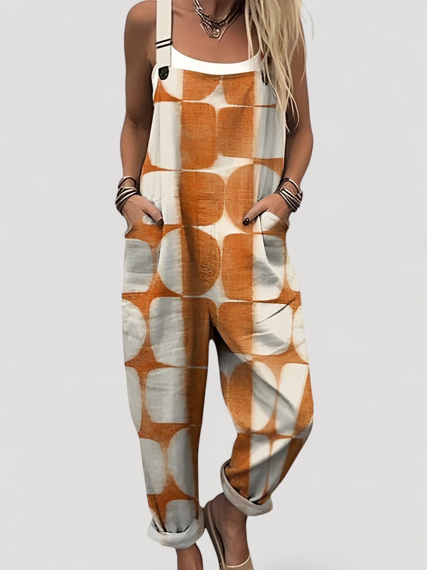 Aukje™ | Abstrakti, geometrinen taidekuvioitu jumpsuit leveillä lahkeilla naisille